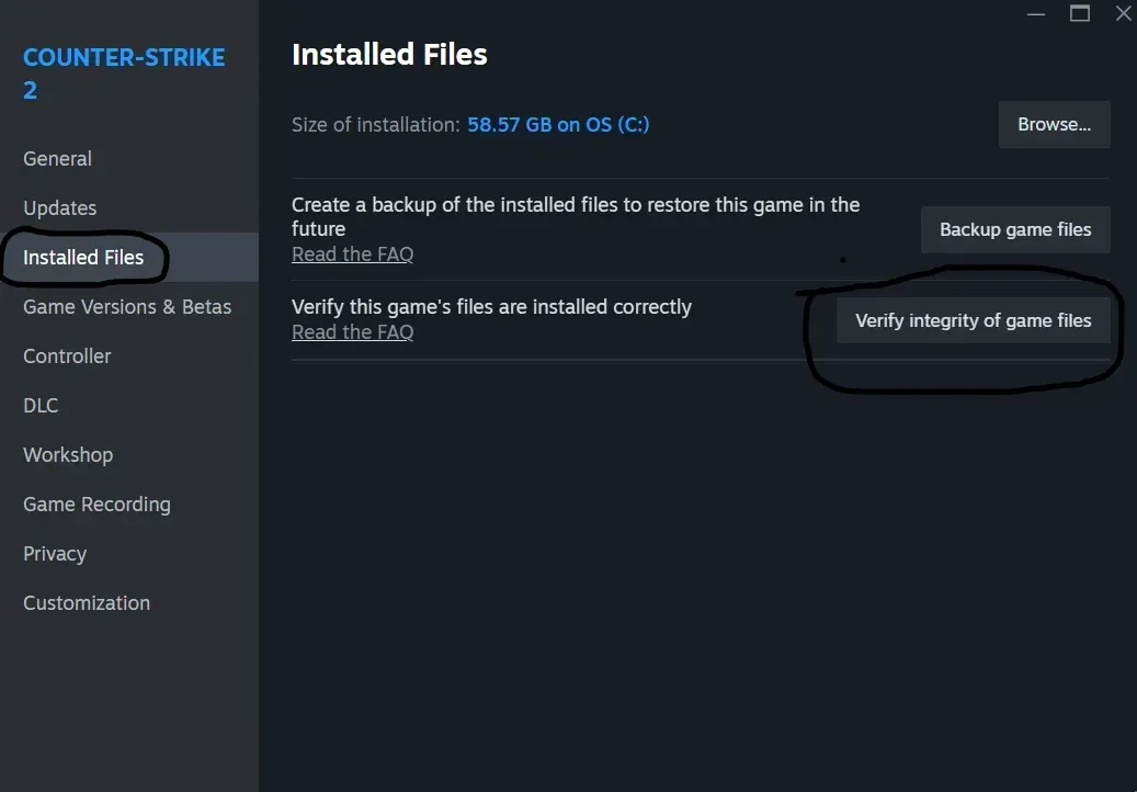 Steam settings for CS2 for verifying the integrity of game files.