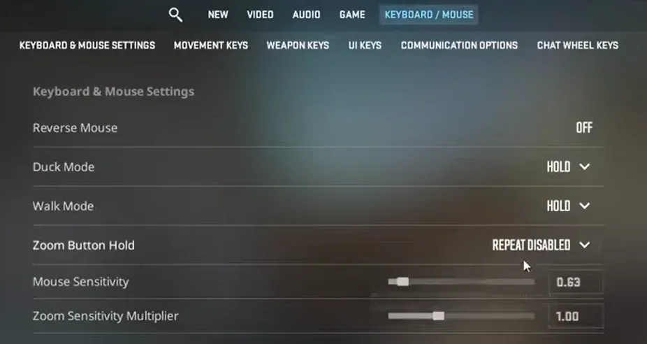 An image of CS2 keyboard/mouse settings of the "Zoom Button Hold" function.