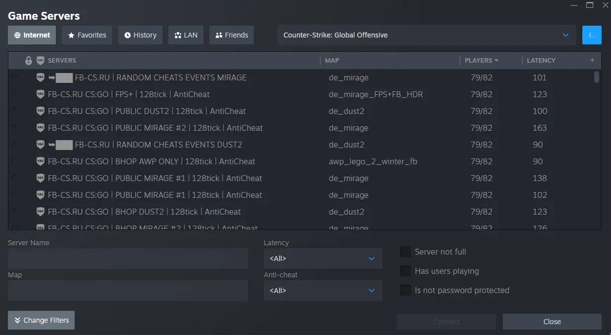 Steam Server Browser showing CS:GO Community Servers to join and play online