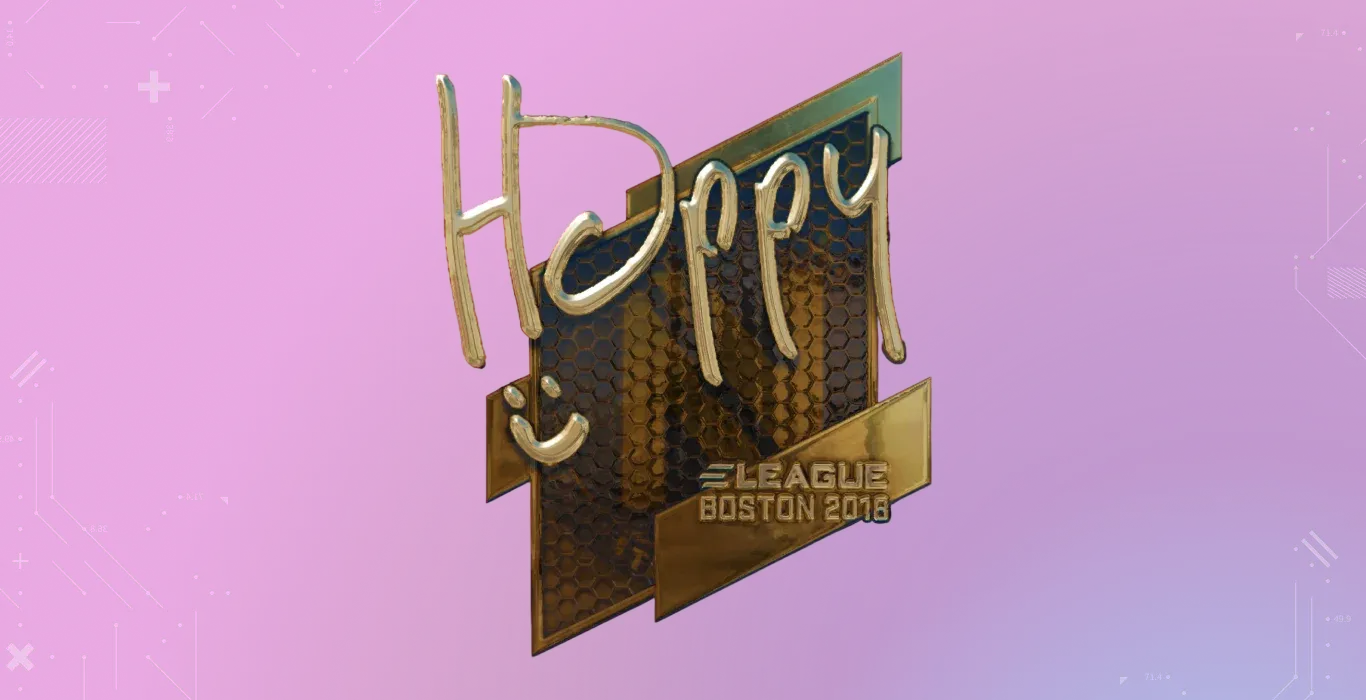Happy Gold Boston 2018 CS2 sticker with gold autograph and ELEAGUE Boston 2018 badge