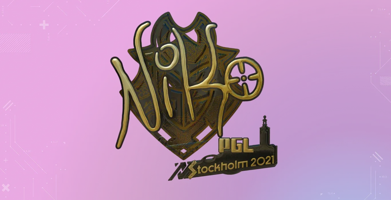 NiKo Gold Stockholm 2021 CS2 sticker with gold autograph and PGL Stockholm 2021 event logo