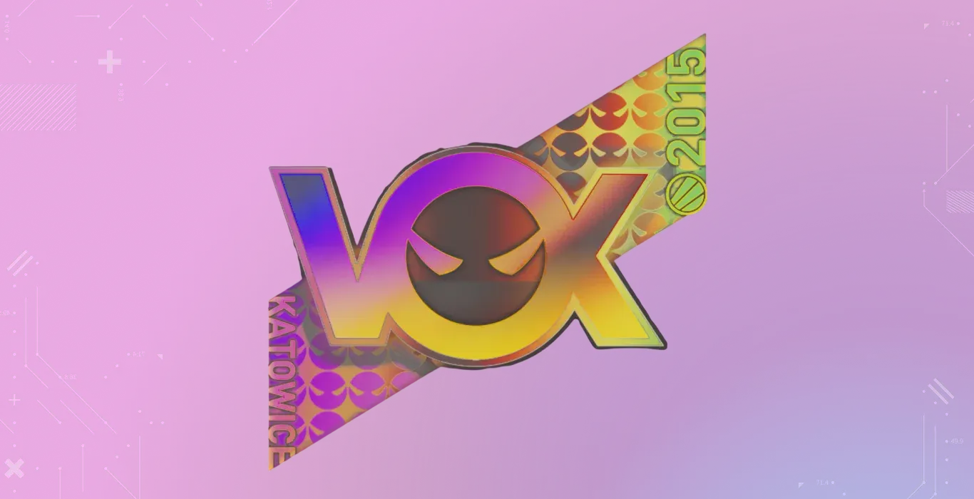 Vox Eminor Holo Katowice 2015 CS2 sticker with holographic Vox logo and Katowice 2015 accents