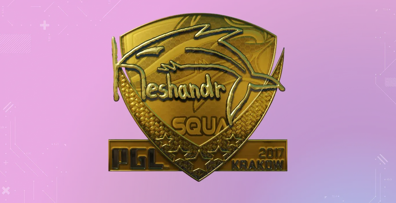 keshandr Gold Krakow 2017 CS2 sticker with gold autograph and PGL Krakow 2017 shield design
