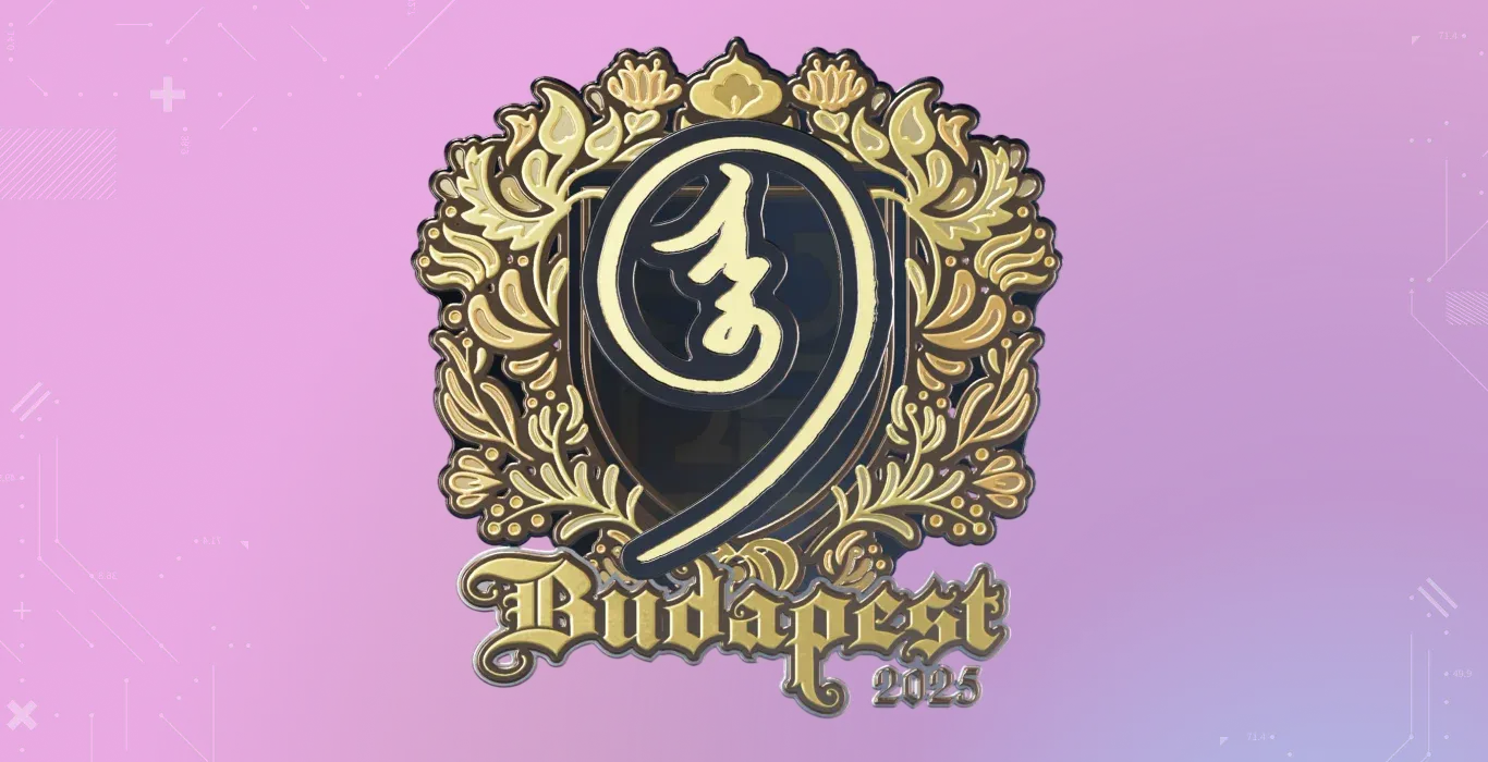 nin9 Gold Budapest 2025 CS2 sticker with ornate gold frame and Budapest 2025 event text