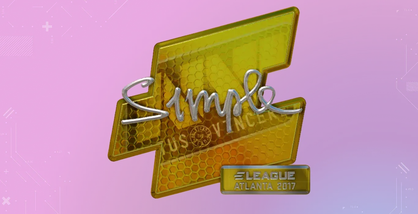 s1mple Foil Atlanta 2017 CS2 sticker with silver autograph and ELEAGUE Atlanta 2017 badge