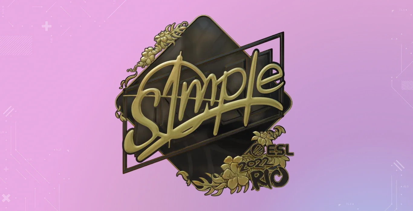 s1mple Gold Rio 2022 CS2 sticker with gold autograph and ornate ESL Rio Major 2022 artwork