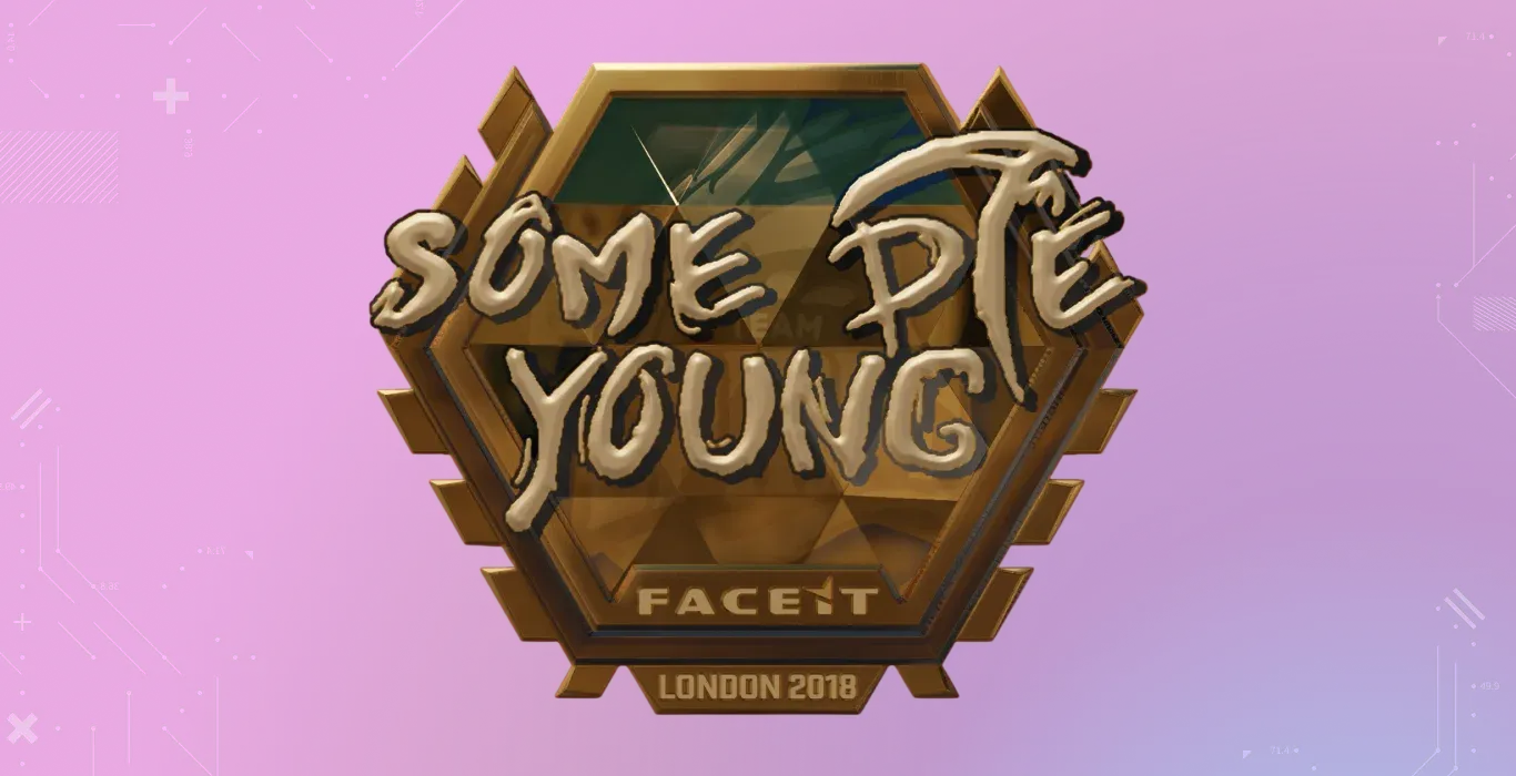 sdy Gold London 2018 CS2 sticker with gold autograph and FACEIT London 2018 hexagon logo