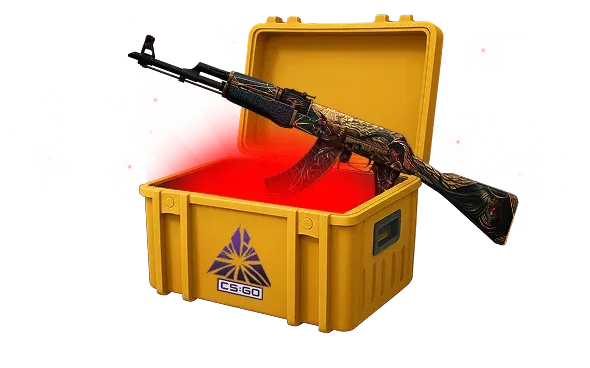 Image featuring Cheap Covert skin of AK-47 Legion of Anubis in Fracture Case with red glow coming from inside of case