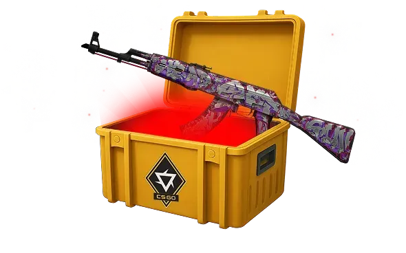 Image featuring Cheap Covert skin of AK-47 Head Shot in Revolution Case with red glow coming from inside of case