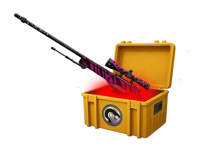 Image featuring Cheap Covert skin of AWP Chromatic Aberration in Recoil Case with red glow coming from inside of case