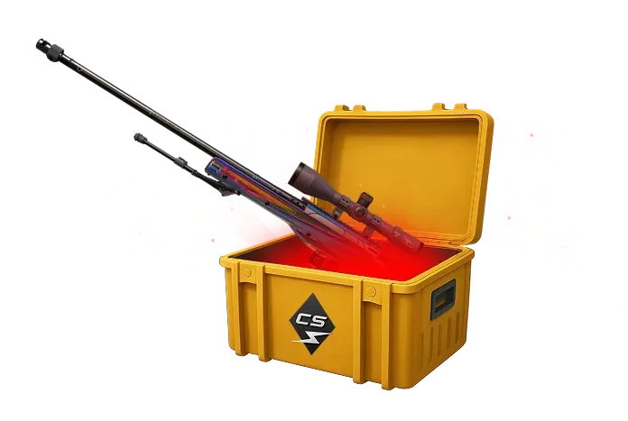 Image featuring Cheap Covert skin of AWP Chrome Cannon in Kilowatt Case with red glow coming from inside of case