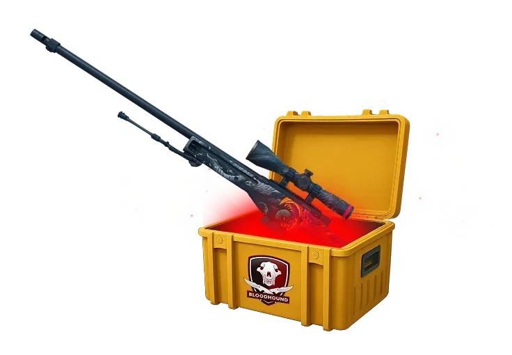 Image featuring Cheap Covert skin of AWP Hyper Beast in Falchion Case with red glow coming from inside of case
