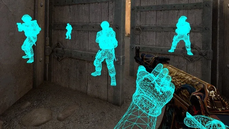 CS2 player using wallhacks on Dust 2.