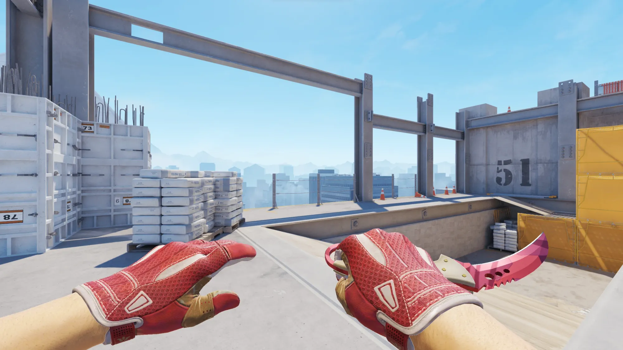 In-game image showing a CS2 knife and glove combo, highlighting the matching colors and patterns of the weapon and gloves.