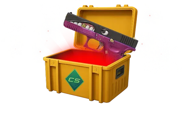 Image featuring Cheap Covert skin of Glock-18 Gold Toof in Gallery Case with red glow coming from inside of case