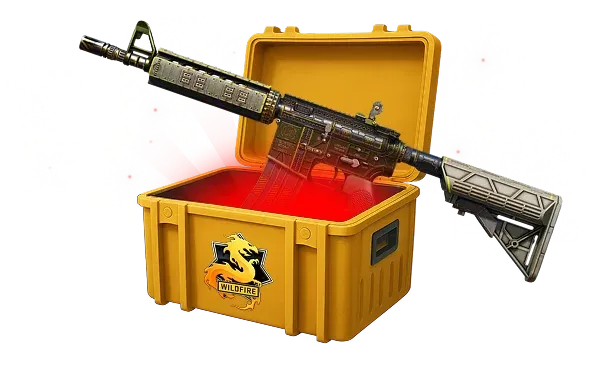 Image featuring Cheap Covert skin of M4A4 Battlestar in Wildfire Case with red glow coming from inside of case
