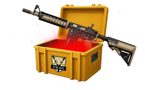 Image featuring Cheap Covert skin of M4A4 Desert-Strike in Huntsman Case with red glow coming from inside of case