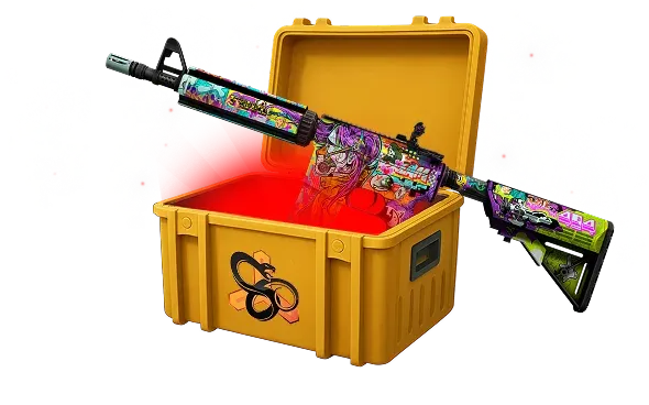 Image featuring Cheap Covert skin of M4A4 In Living Color in Snakebite Case with red glow coming from inside of case