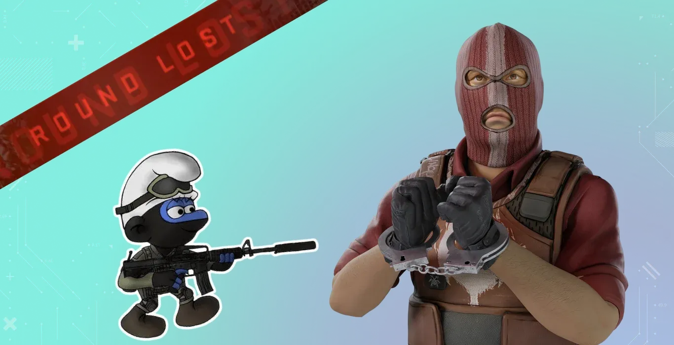 Counter-Terrorist Smurf against a Terrorist agent that lost round on a cyan background