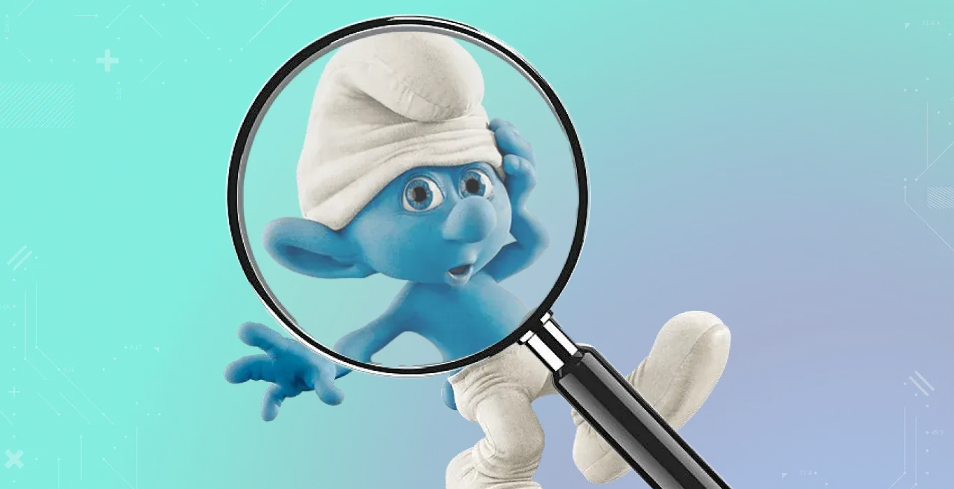 Smurf under magnifying tool on a cyan background