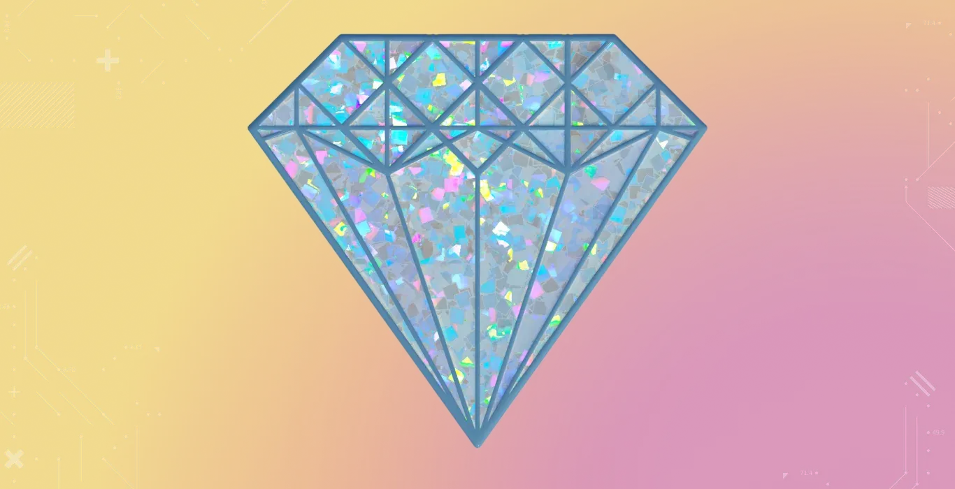 Glitter Blue Gem sticker on a yellow-pink background