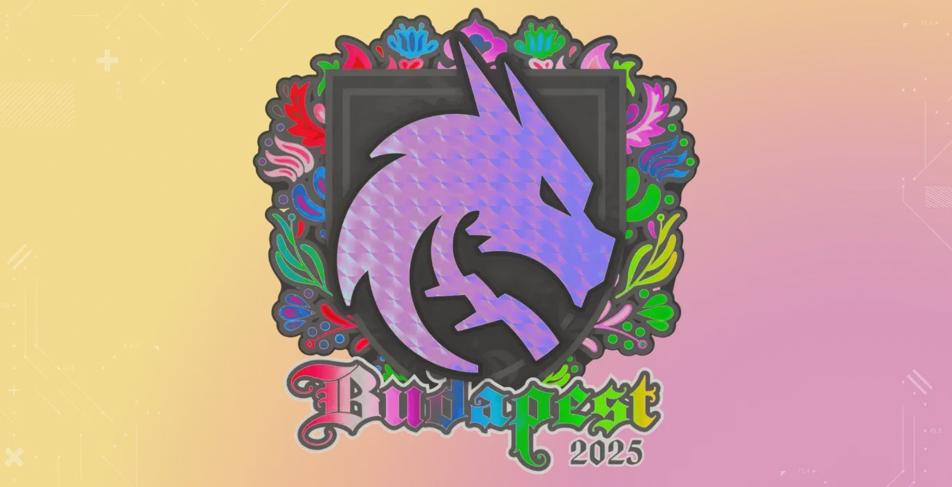 Holo Team Spirit Budapest 2025 sticker on a yellow-pink background