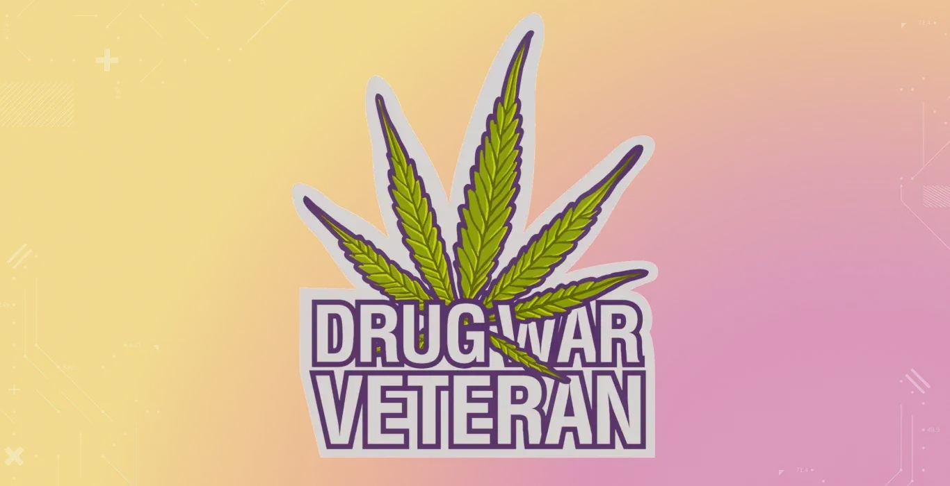 Paper Drug War Veteran sticker on a yellow-pink background