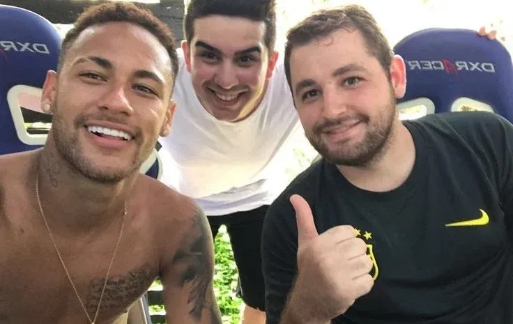 Neymar JR. with Fallen sitting on gaming chairs after CS2 showdown match in 2025