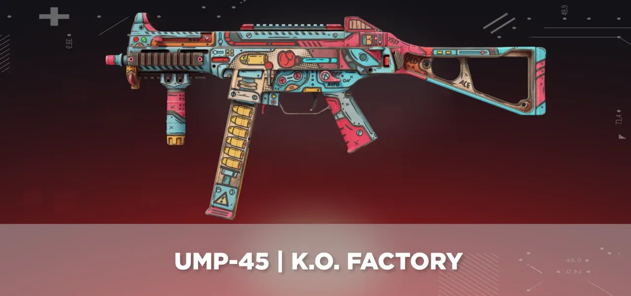 CS2 UMP-45 | K.O. Factory displayed on a black and red tech background.