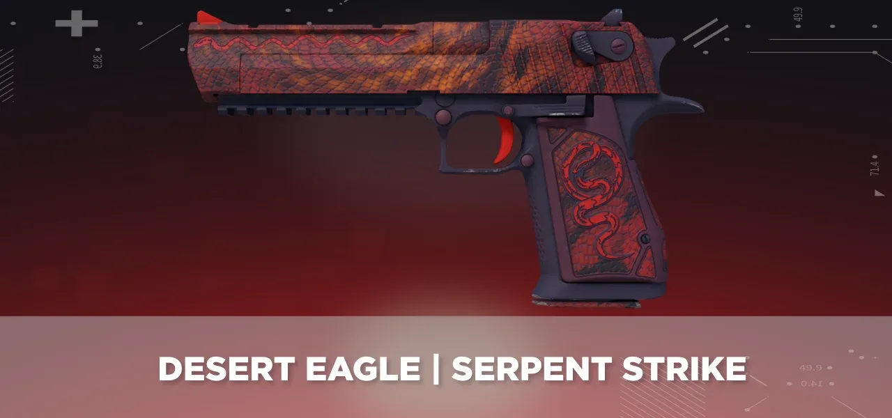 CS2 Desert Eagle | Serpent Strike displayed on a black and red tech background.