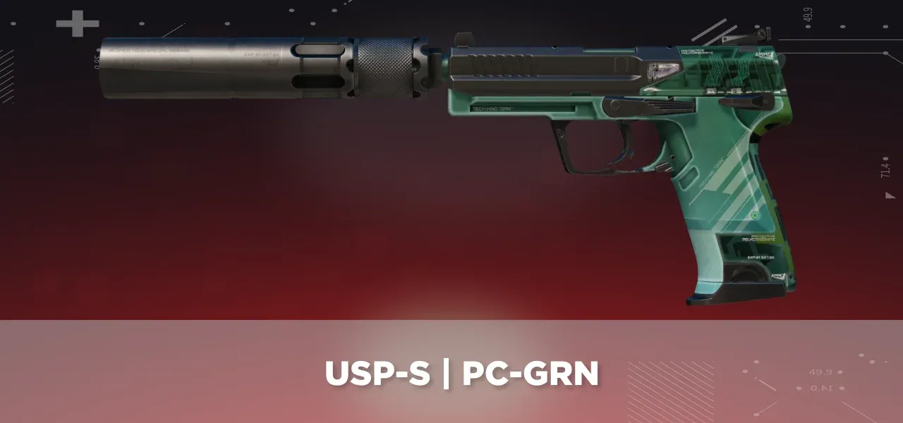 CS2 USP-S | PC-GRN displayed on a black and red tech background.