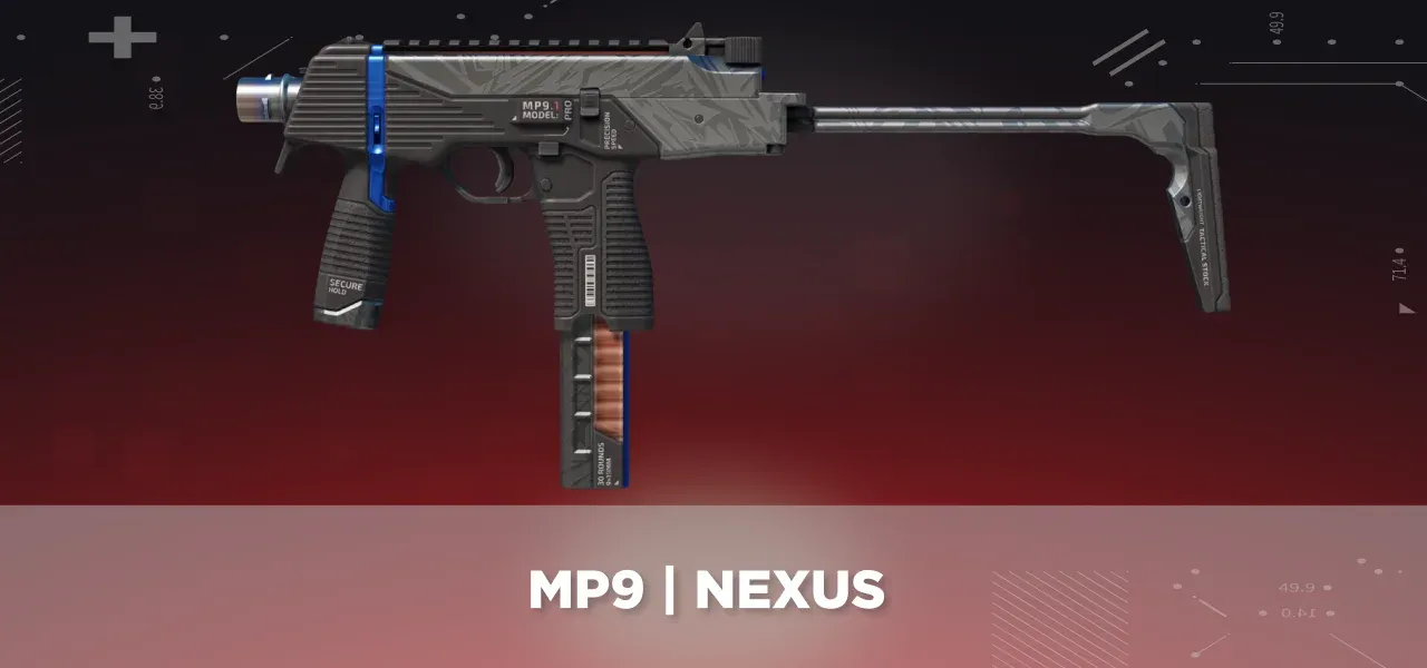 CS2 MP9 | Nexus displayed on a black and red tech background.