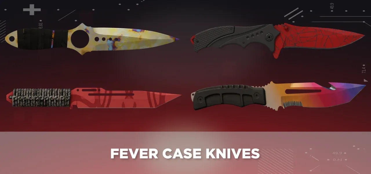 CS2 knive skins from Fever Case displayed on a black and red tech background.
