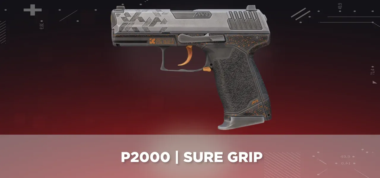 CS2 P2000 | Sure Grip displayed on a black and red tech background.