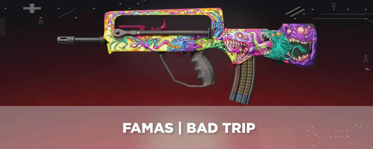 CS2 FAMAS | Bad Trip displayed on a black and red tech background.