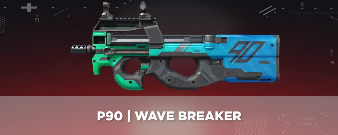 CS2 P90 | Wave Breaker displayed on a black and red tech background.