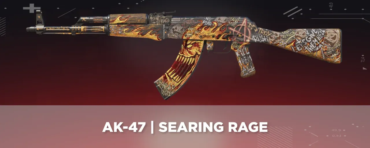 CS2 AK-47 | Searing Rage displayed on a black and red tech background.