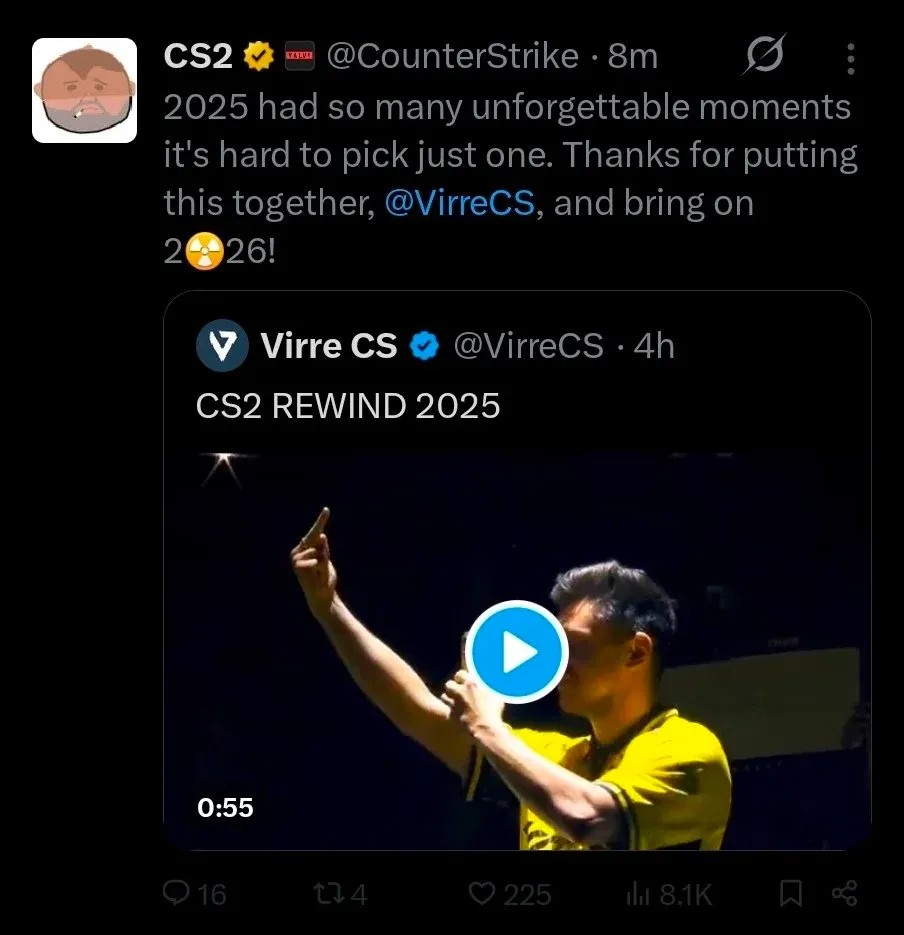 CS2 official X (formerly Twitter) post for the end of 2025 featuring a radioactive emoji instead of a zero, hinting at CS2 map Cache.