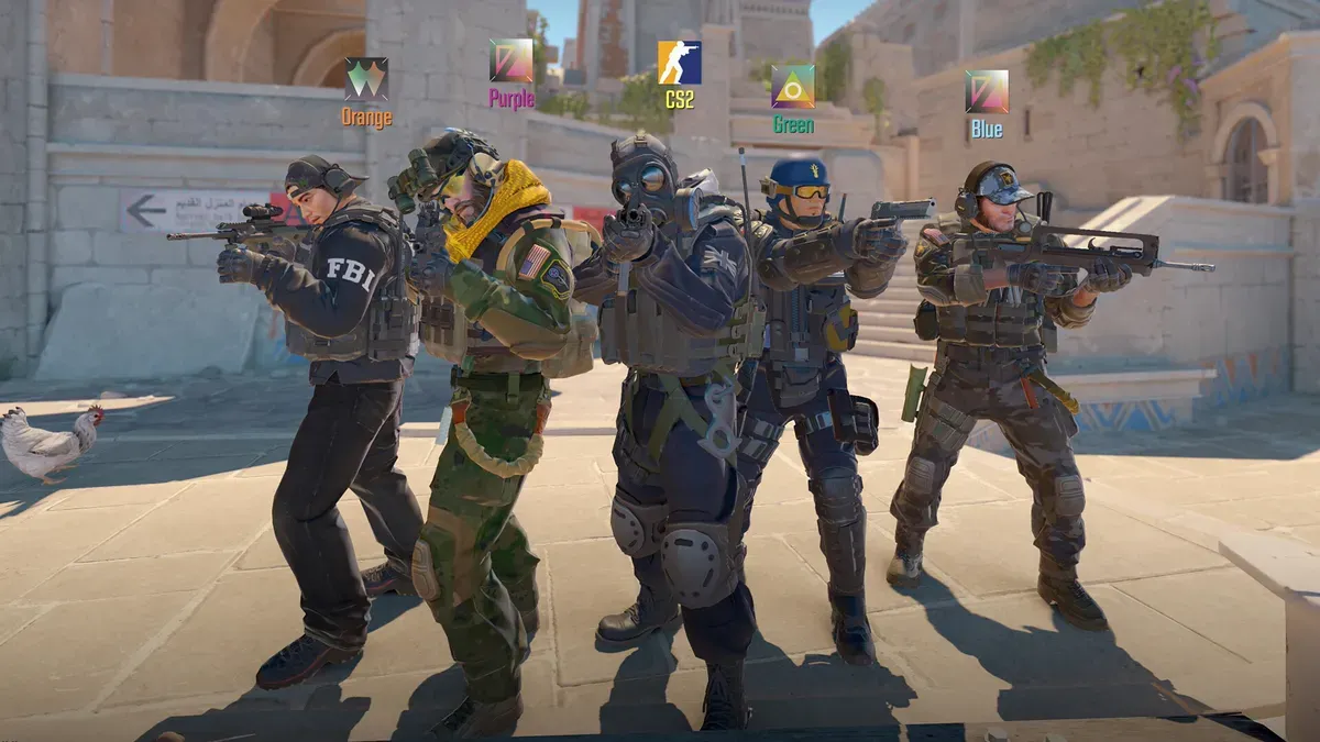 Five Counter-Strike 2 characters standing together on a map, each labeled with a colored team icon above their head
