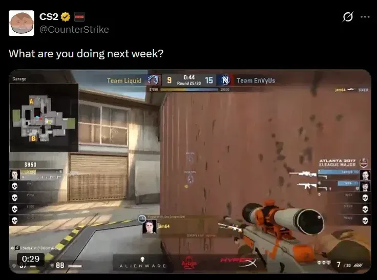CS2 official X (Formerly Twitter) page post featuring CS2 pro tournament highlights on CS2 map Cache, and a text "What are you doing next week?".