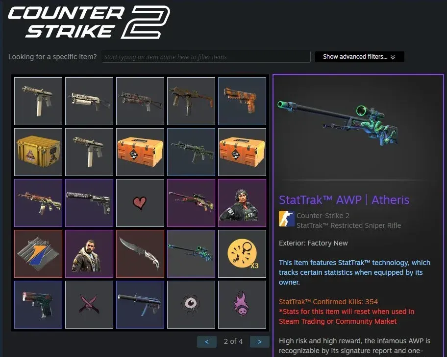User's inventory featuring CS2 items such as skins, stickers, agents, badges, graffities and cases