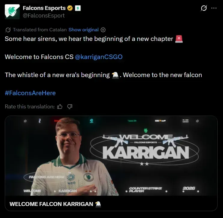 An X (Formerly Twitter) post of Falcons Esports, welcoming Finn "karrigan" Andersen.