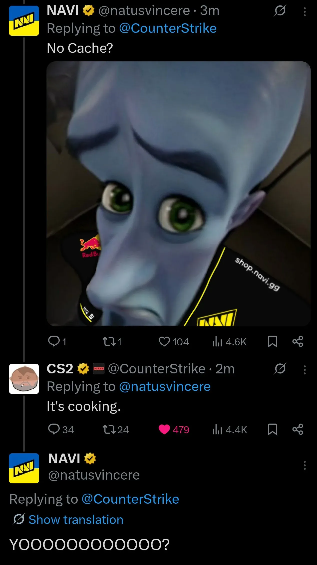 CS2 team NAVI's X (formerly Twitter) post about CS2 map Cache, to which CS2 official page replied "It's cooking."