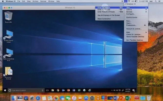 Windows 10 running inside Parallels Desktop on a Mac, with the macOS menu bar and dock visible in the background