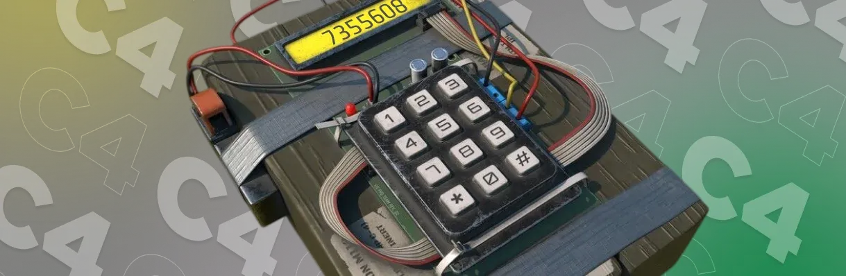 An image of the CS2 C4 with the CS2 Bomb code typed in the display on a yellow, black, green background. 