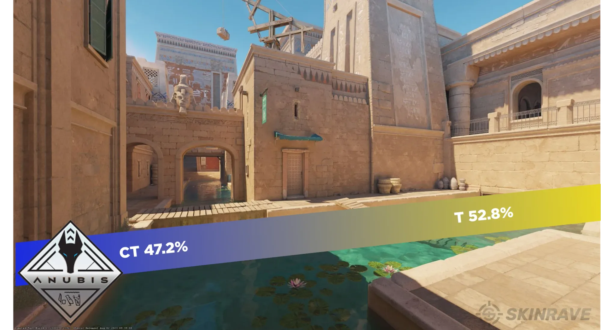 CS2 map Anubis with its map win-rates, map logo, and SkinRave's logo displayed on the imgae.