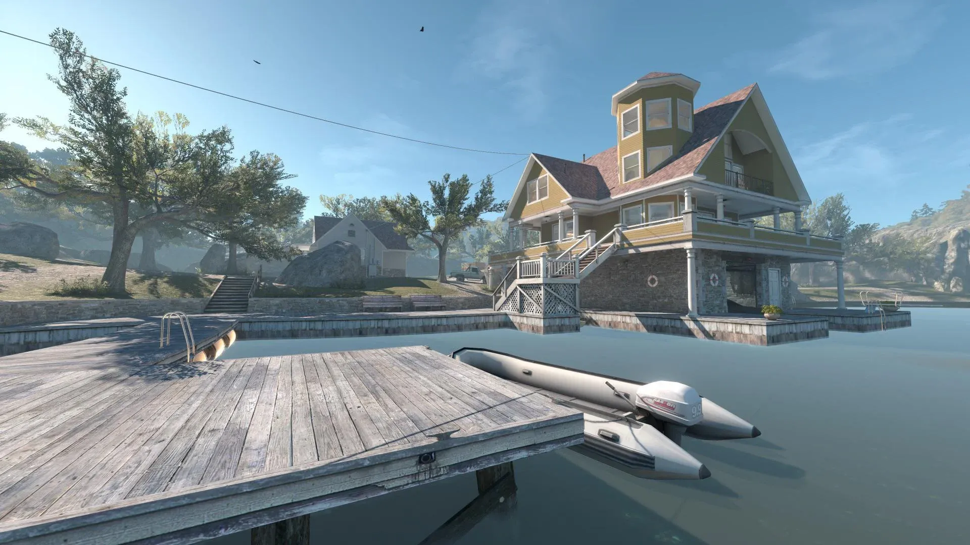 Lake Tease from CS2 Official Release Banner featuring the Lake-House, Garage and the boat named Marina