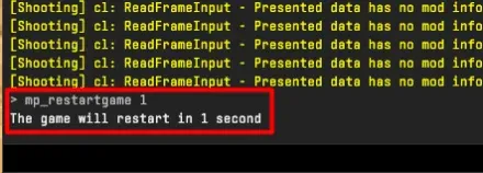 CS2 console with the mp_restartgame 1 command inserted in it, showcasing how to reset a round in CS2