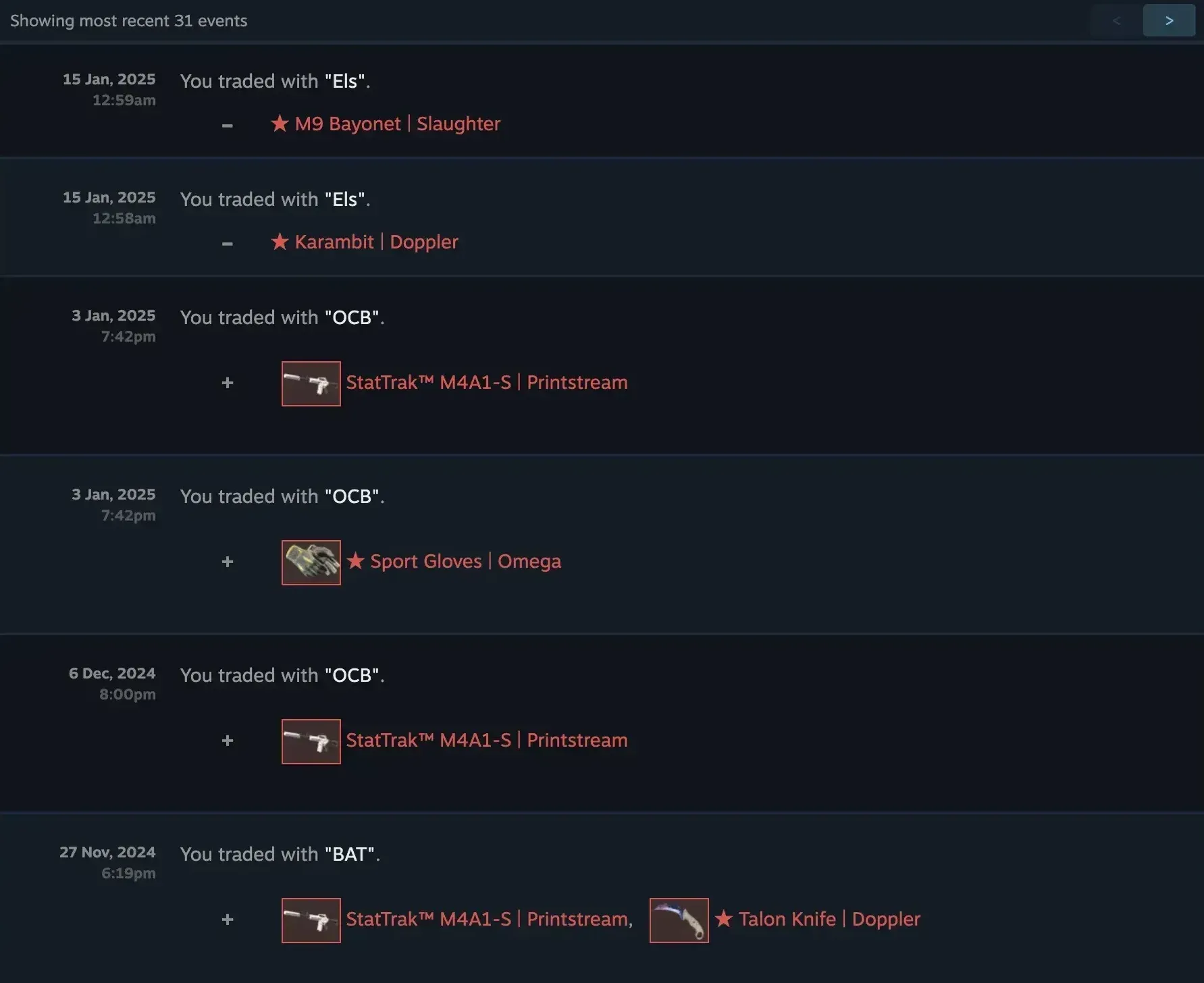 CS2 History with all the trades between user the other person, time, day and items traded at one time