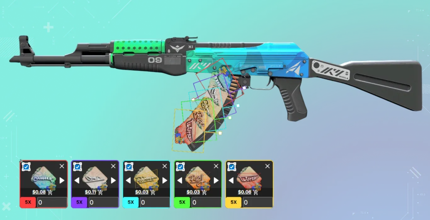 A green-to-blue gradient rifle. The magazine features a custom color fade created by five different Rio 2022 Autograph stickers, transitioning from blue-green (coldzera) to yellow-red (Twistzz).
